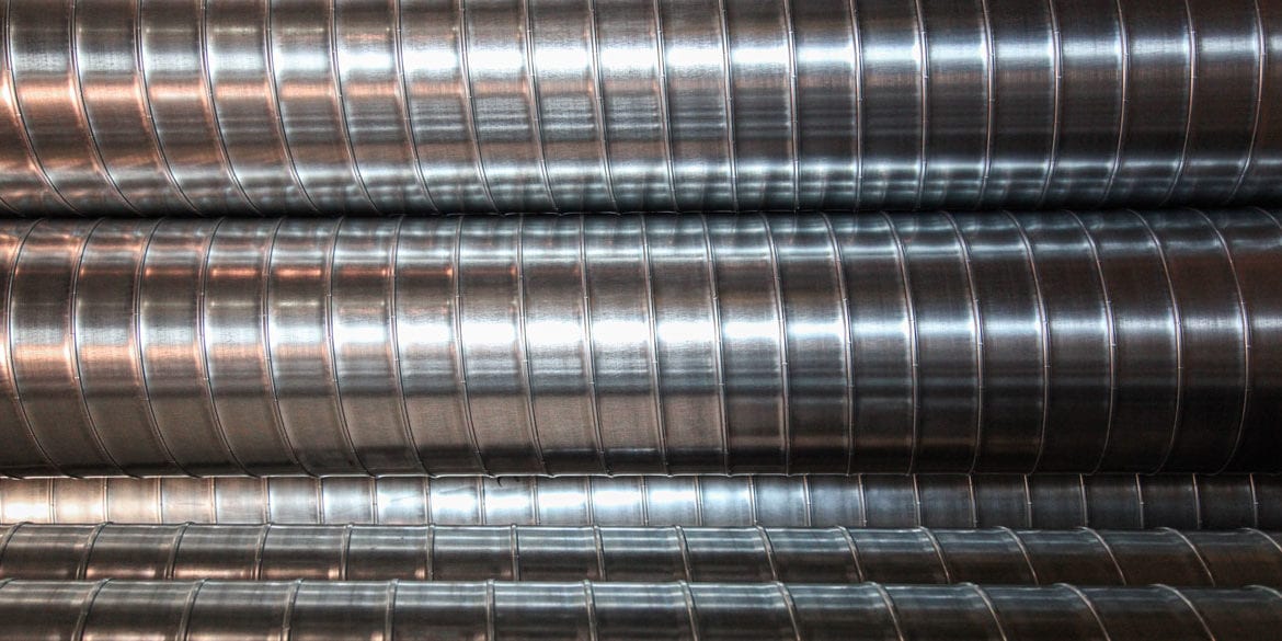 Rows of spiral sheet metal ductwork