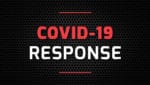 A graphic displaying “COVID-19 Response” in red and white text on a black abstract background